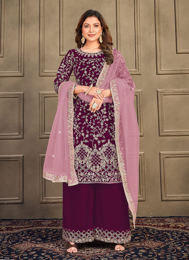 Buy Palazzo Suit - Deep Wine Embroidery Traditional Palazzo Suit