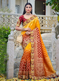 Yellow Red Traditional Weaved Party Wear Silk Saree