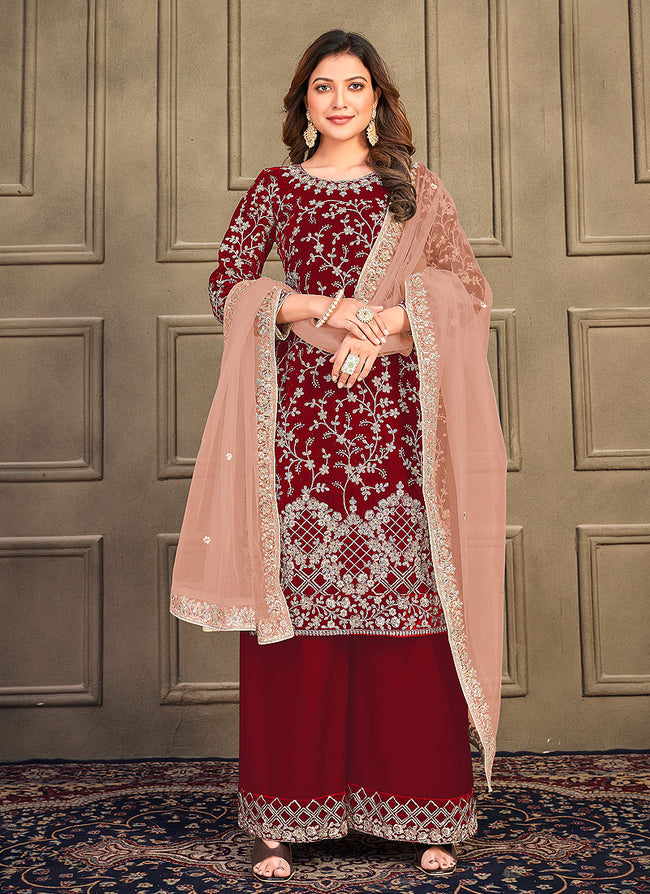Buy Palazzo Suit - Bridal Red Embroidery Traditional Palazzo Suit