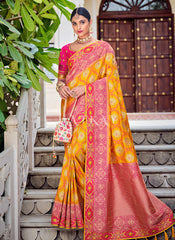 Pink Yellow Traditional Weaved Party Wear Silk Saree