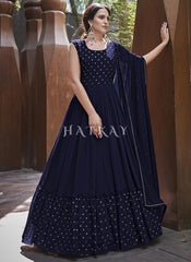 Buy Anarkali Gown - Navy Blue Embroidered Jacket Anarkali Gown