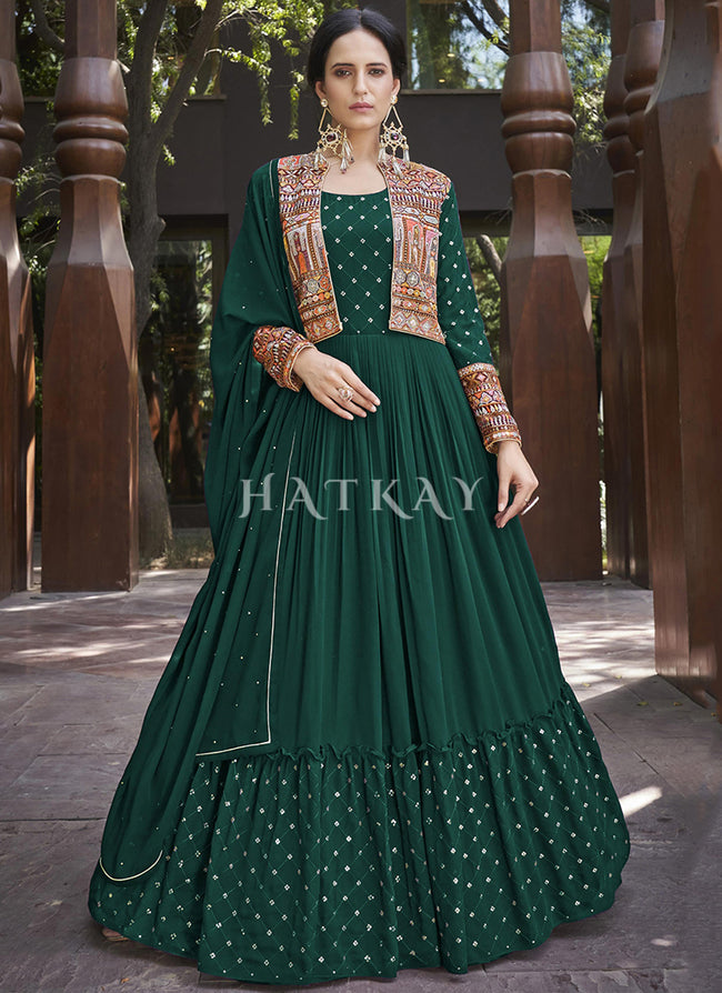 Buy Bottle Green Georgette Anarkali Suit With Palazzo Online - LSTV03440 |  Andaaz Fashion Eid Store