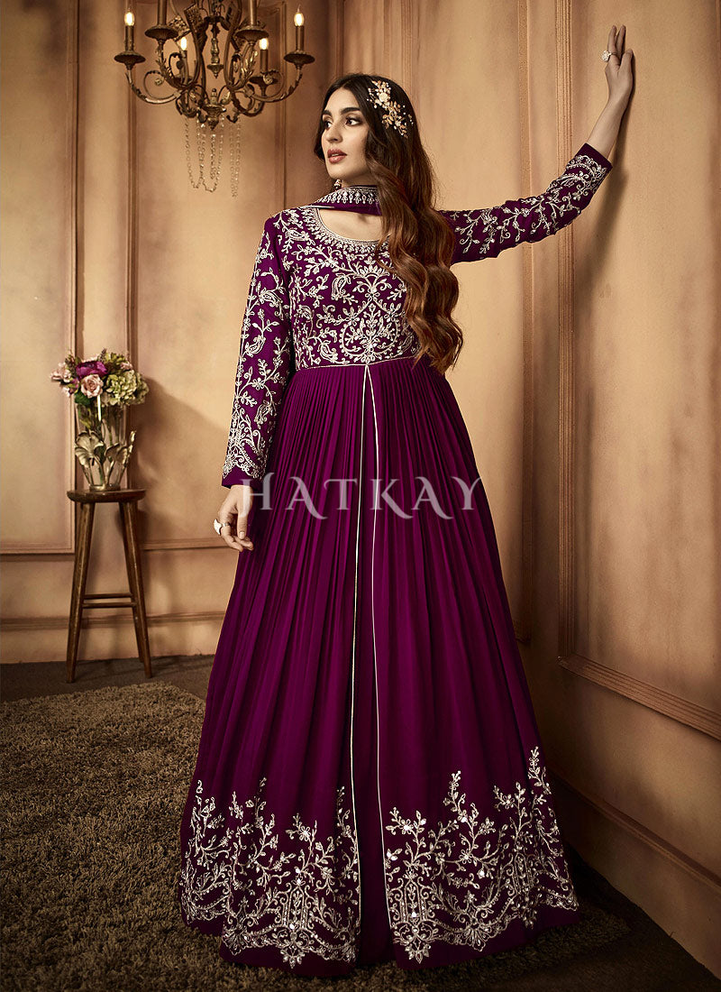 Deep Wine Embroidered Slit Style Anarkali Lehenga Suit