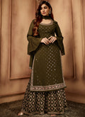 Olive Green Sequence Embroidery Festive Sharara Style Suit