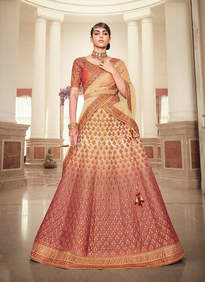 Red Golden Shaded Embroidered Lehenga Choli