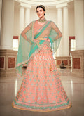 Peach And Teal Embroidered Lehenga Choli