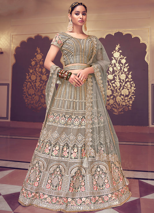 Dusty Grey Floral Embroidered Wedding Lehenga Choli