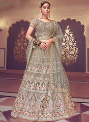 Dusty Grey Floral Embroidered Wedding Lehenga Choli