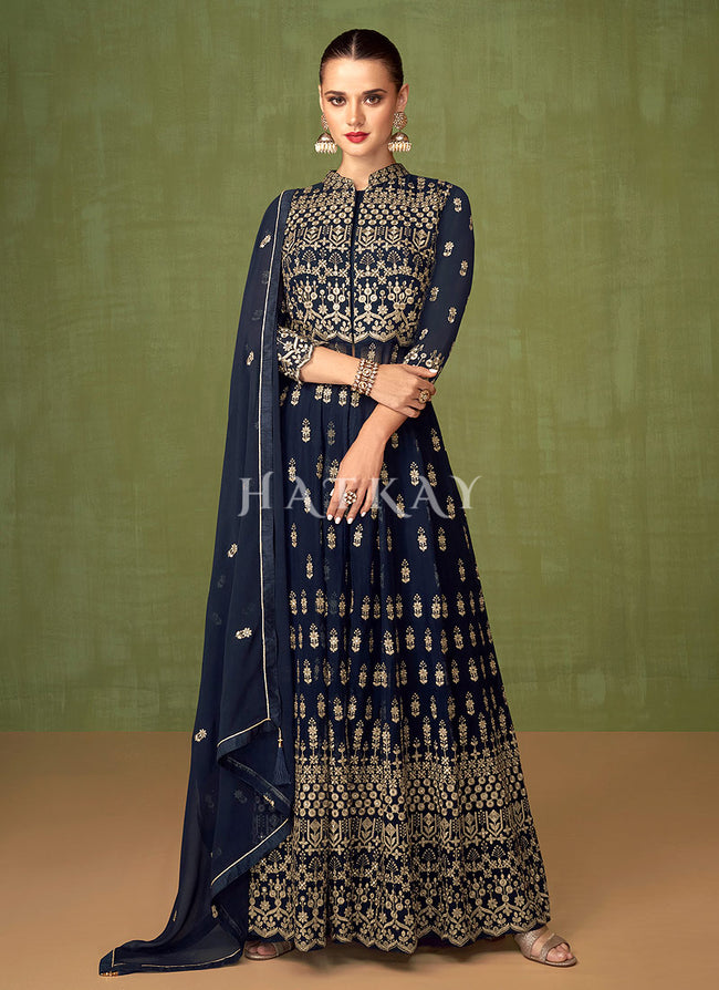 Navy Blue Embroidered Traditional Anarkali Suit