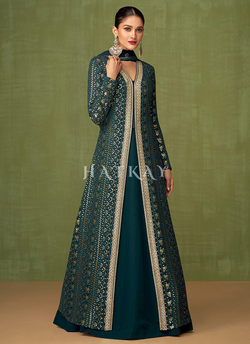 Dark Green Sequence Embroidered Slit Style Anarkali Lehenga
