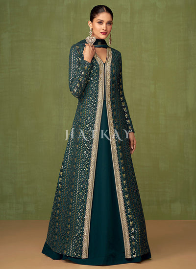 Dark Green Sequence Embroidered Slit Style Anarkali Lehenga