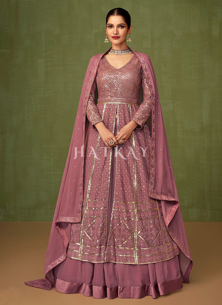 Mauve Purple Golden Embroidered Slit Style Anarkali Lehenga