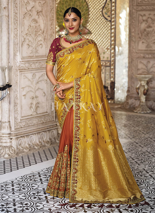 Yellowish Orange Dual Tone Silk Saree