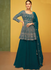 Teal Blue Embroidery Traditional Lehenga Kurti