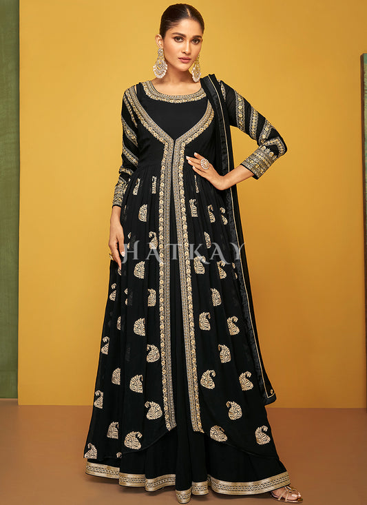 Black Embroidery Jacket Style Anarkali Gown