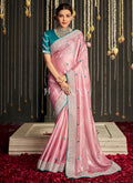 Pink And Blue Embroidered Organza Silk Saree