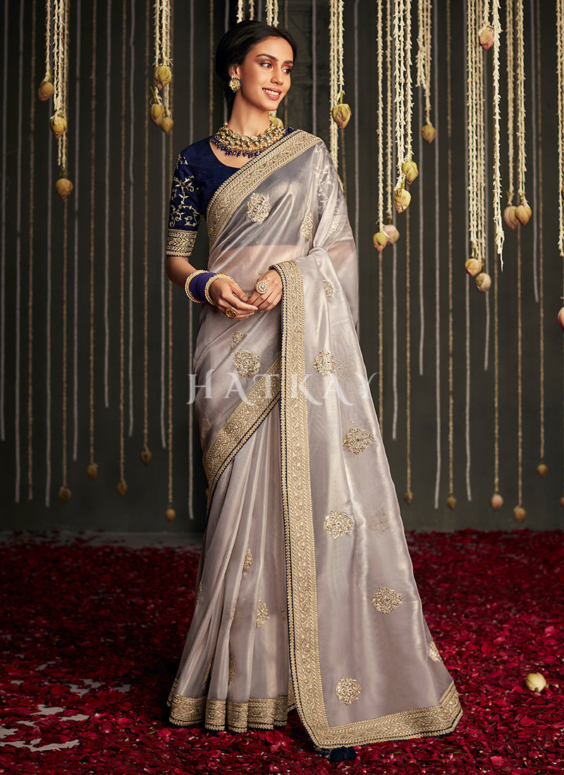 Grey And Blue Embroidered Organza Silk Saree