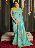 Sea Green And Yellow Embroidered Organza Silk Saree