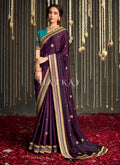 Purple And Blue Embroidered Satin Silk Saree