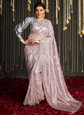 Lavender And Grey Embroidered Organza Silk Saree