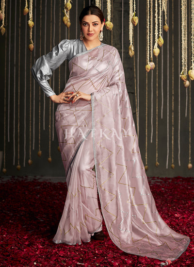 Lavender And Grey Embroidered Organza Silk Saree