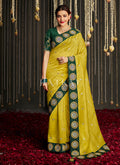 Yellow And Green Embroidered Satin Silk Saree