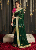 Green And Pink Embroidered Satin Silk Saree