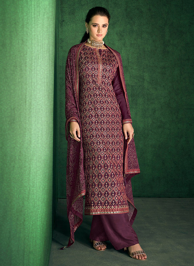 Wine Zari And Sequence Embroidered Pakistani Pant Suit 