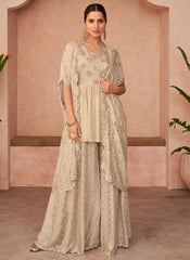 Beige Foil Mirror Embroidery Peplum Style Palazzo Set