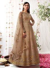 Beige Golden Zari Embroidered Festive Anarkali Suit