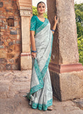 Grey And Blue Designer Wedding Saree