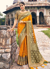 Yellow And Brown Designer Wedding Saree
