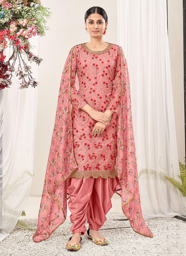Latest Punjabi Suits - Pink Multi Floral Embroidery Traditional Patiala Suit