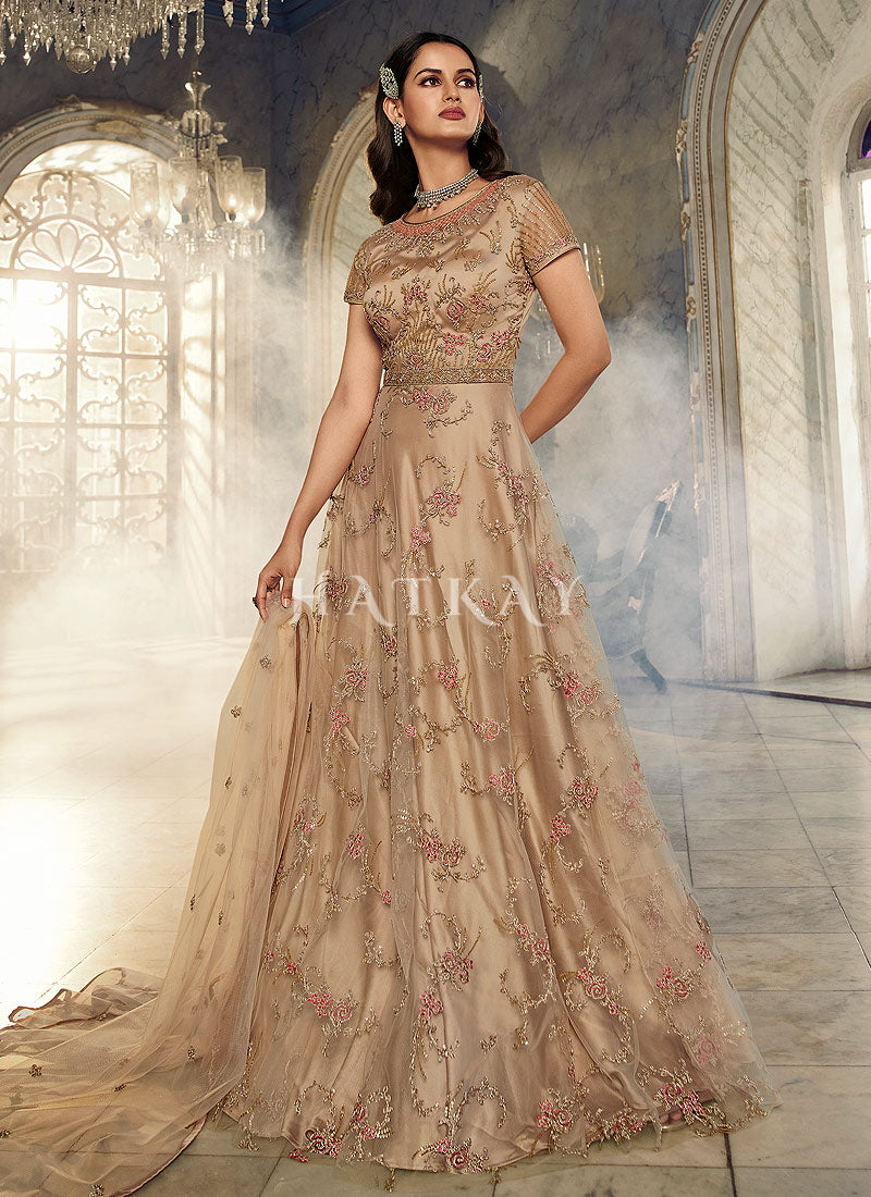 Beige Embroidered Traditional Net Anarkali Suit