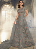 Grey Embroidered Traditional Net Anarkali Suit