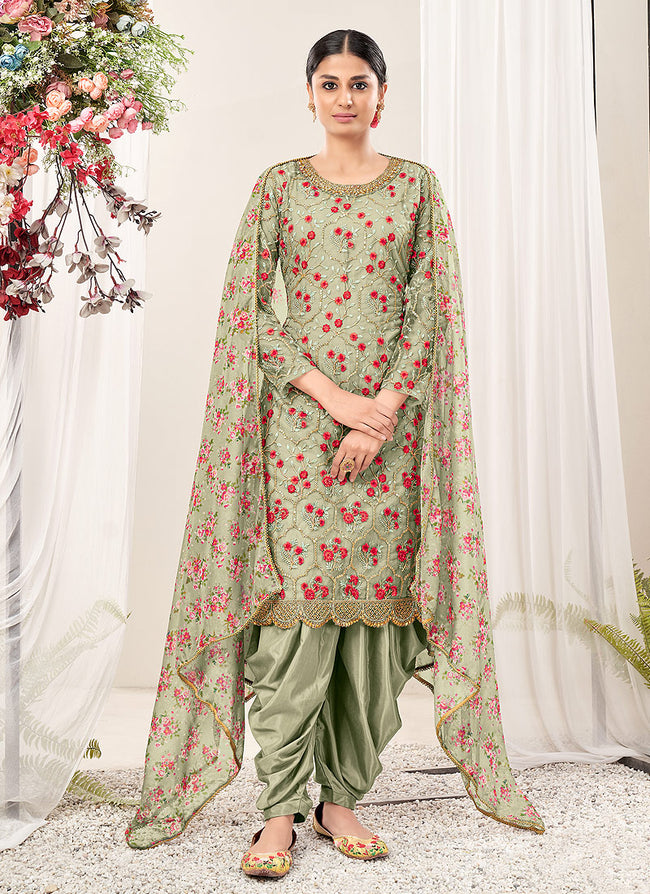 Unstitched Cotton Printed Patiala Suit In Brown Colour