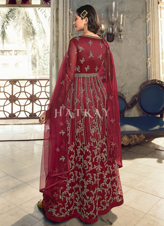 Buy Indian Suits - Red Embroidered Traditional Net Anarkali Suit