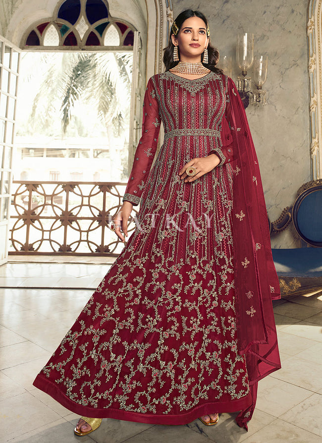 Red Embroidered Traditional Net Anarkali Suit