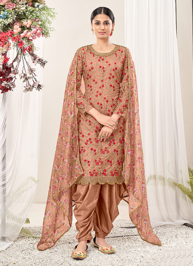 Biscotti Brown Multi Floral Embroidery Traditional Patiala Suit