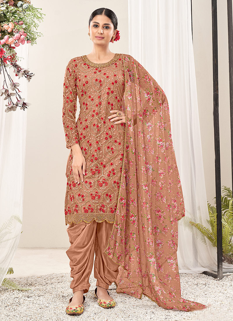 Biscotti Brown Multi Floral Embroidery Traditional Patiala Suit