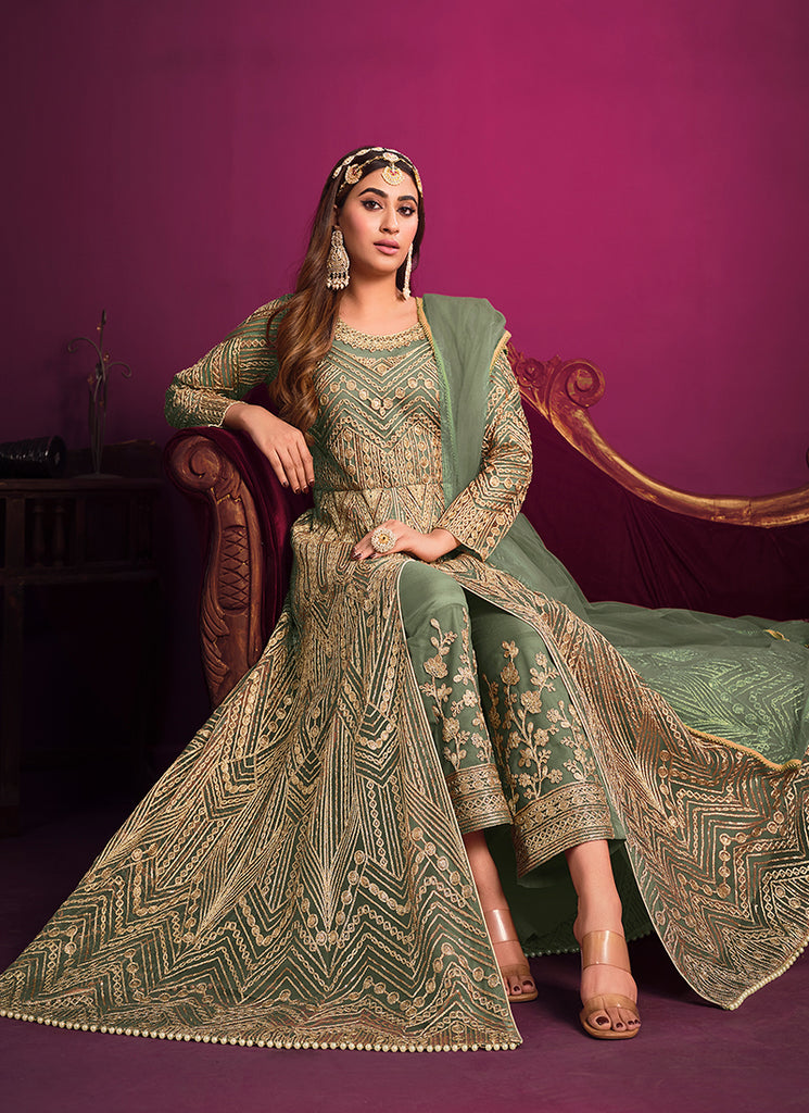 Buy Indian Clothes - Light Green Embroidery Slit Style Anarkali Pant Suit At Hatkay Buy Indian Clothes - Light Green Embroidery Slit Style Anarkali Pant Suit At Hatkay