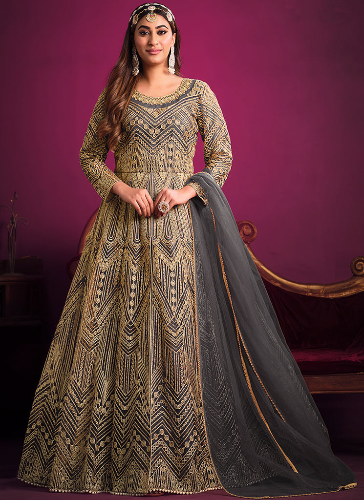 anarkali dress golden Golden Colour Anarkali Suit Grace Golden Color Net Embroidery And Mirror Work Anarkali Suit