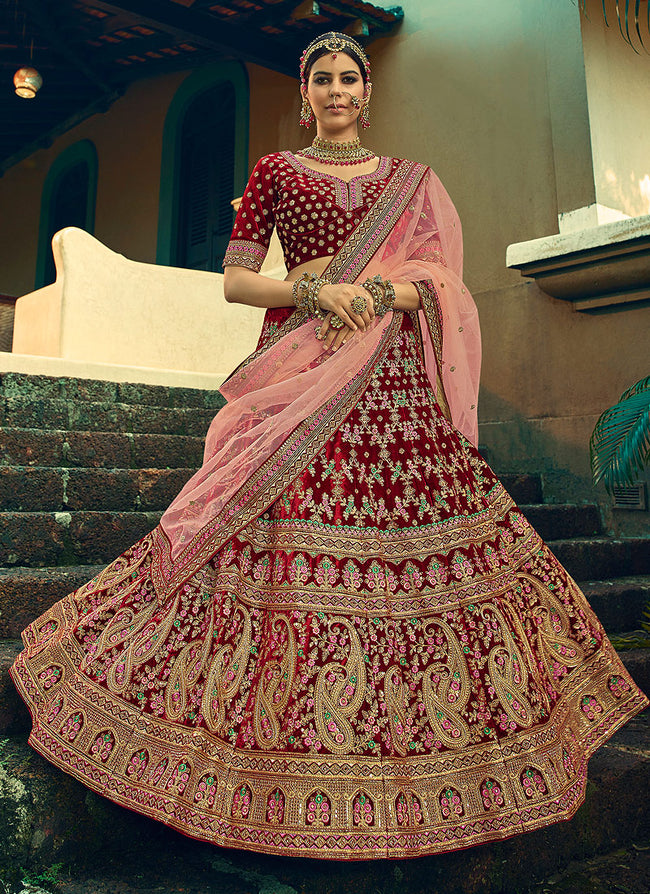 Maroon Multi Embroidered Velvet Wedding Lehenga Choli