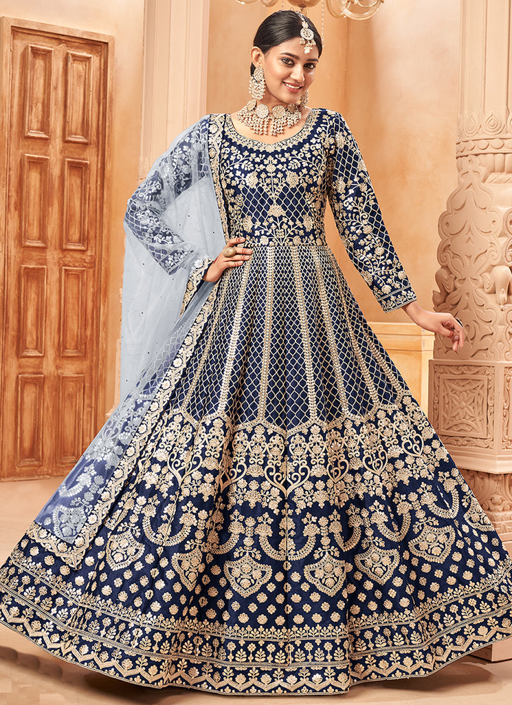 royal blue silk dress pakistani Buy Hand Embroidered Satin Silk Asymmetric Pakistani Suit in Royal Blue Online : KFH109