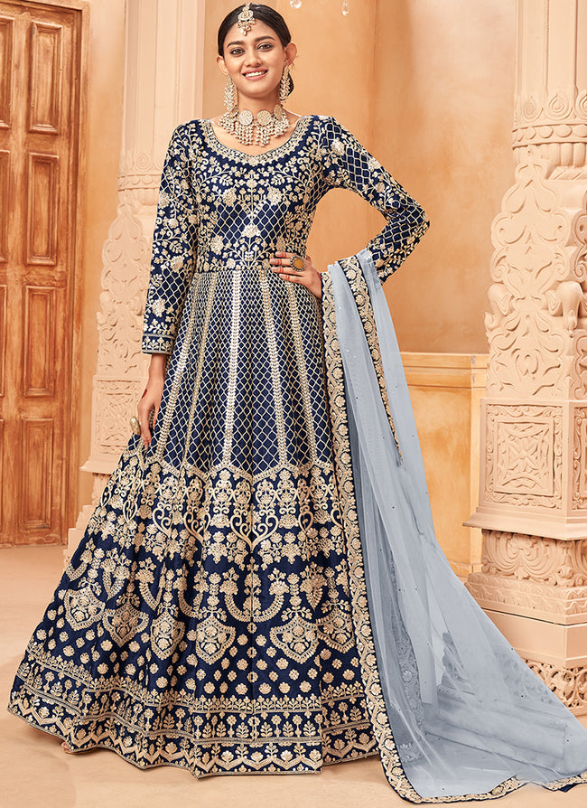 Royal Blue Embroidered Silk Anarkali Suit