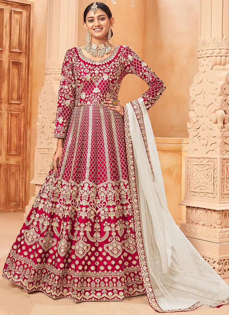 bridal long anarkali dress Gown Heavy Bridal Anarkali Front Slit Heavy Work Anarkali Gown With Skirt For Wedding In Orange