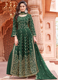 Green Embroidered Traditional High Slit Palazzo Suit