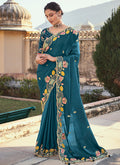 Turquoise Multi Embroidery Designer Tissue Silk Saree