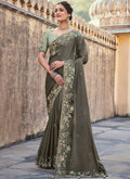 Olive Green Multi Embroidery Designer Tissue Silk Saree