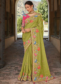 Lime Green Multi Embroidery Designer Tissue Silk Saree